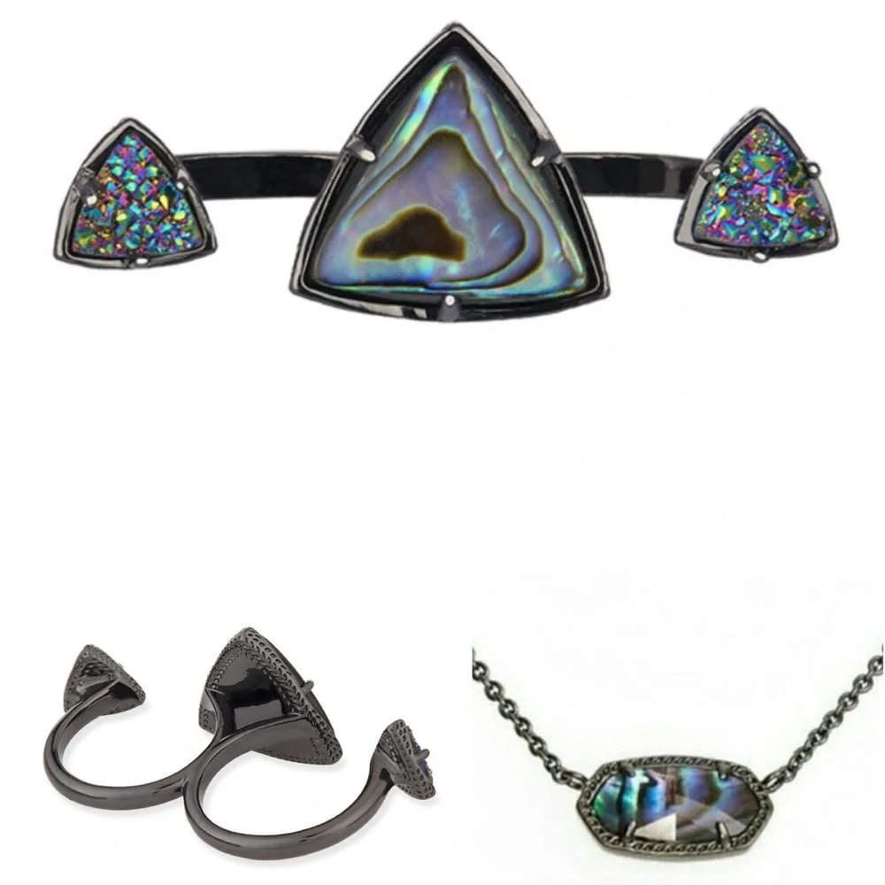 NWT Set KENDRA SCOTT Elsie Necklace & Rachel Double Ring Abalone Druzy Gunmetal